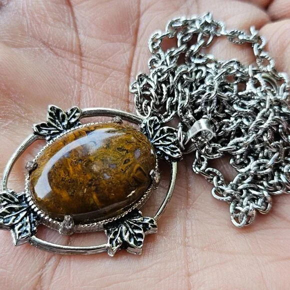 Vintage Pendant Women Necklace Brown Stone Silver Tone Chain Fashion Jewelry - Picture 2 of 12